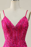 Fucsia Tirantes de Espagueti Sirena Vestido Formal Con Plumas