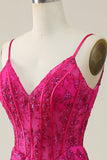 Fucsia Tirantes de Espagueti Sirena Vestido Formal Con Plumas