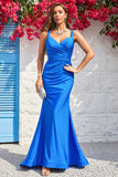 Tirantes de Espagueti Sirena Azul Vestido de Fiesta Con Espalda Abierta