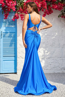 Tirantes de Espagueti Sirena Azul Vestido de Fiesta Con Espalda Abierta