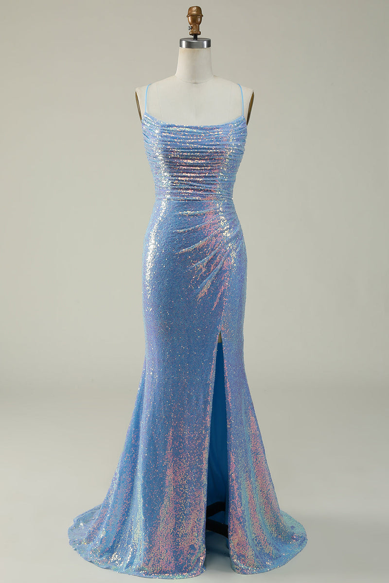 Cargar imagen en el visor de la galería, Correas de Espagueti Lentejuelas Azul Vestido de Fiesta Sirena
