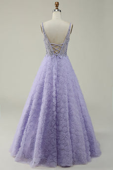 Vestido de Graduación Con flores 3D Púrpura A Línea