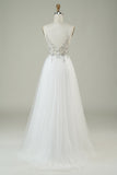 Precioso A Line Spaghetti Straps White Tulle Long Wedding Dress con abalorios