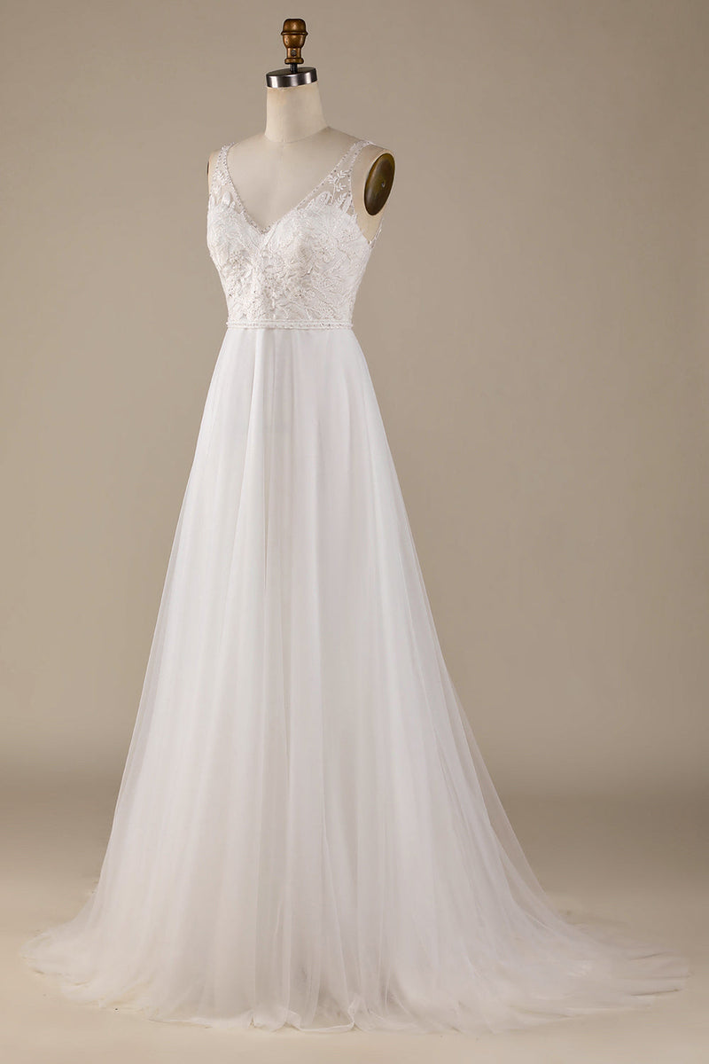 Cargar imagen en el visor de la galería, Ivory V-Neck Tulle Sweep Train Vestido de novia con encaje